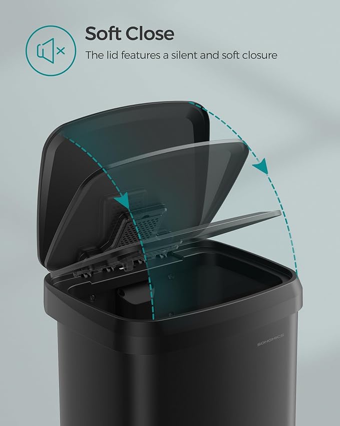 SONGMICS Kitchen Trash Can, 18-Gallon Stainless Steel Garbage Can, with Stay-Open Lid and Step-on Pedal, Soft Closure, Tall, Large and Space-Saving, Black ULTB520B68