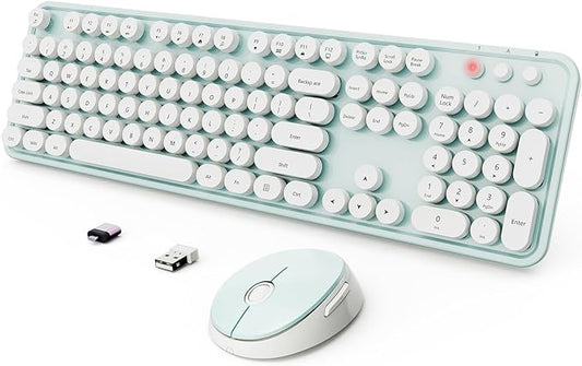 Wireless Keyboard and Mouse Combo, Ergonomic Full Size Typewriter Retro Round Keycaps Keyboard, Compatible with Windows, PC, Perfer for Home and Office Keyboards（Green）