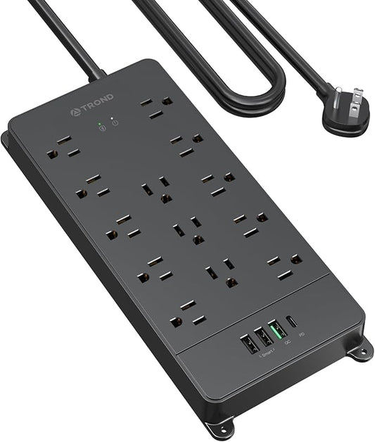 TROND Surge Protector Power Strip, 5ft Heavy Duty Extension Cord with 32W USB C & QC 3.0 Charger, 4000 Joules, ETL Listed, 13 Wide Spaced Outlets, Flat Plug, Wall Mount for Home Office Supplies, Black