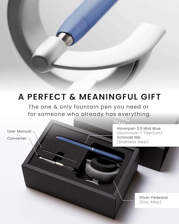 novium Hoverpen Future Edition - Luxury Metal Fountain Pen With Fine Nib, Aerospace Metal Made, Futuristic Aesthetic Desk, Free Spinning Executive, Signing Pen (Mist Blue)