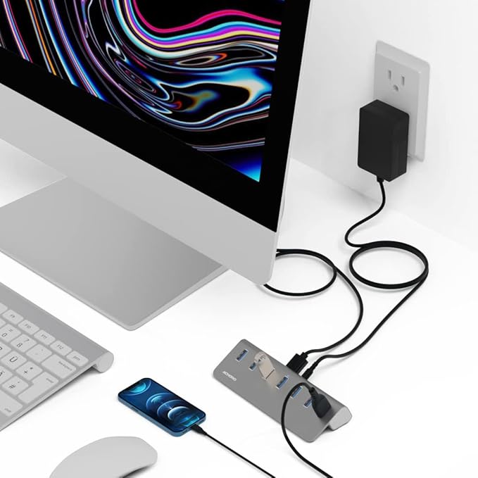 Achoro 7 Ports Powered USB HUB – 2nd Generation 10GB Super Speed External USB Port – USB 3.2 Aluminium USB Hub for Computer, Mac, PCs, Smartphone & Tablets – Computer Multiple USB Hub (POWERED SILVER)