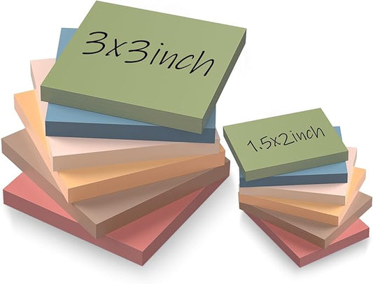 Sticky Notes 3x3in + 2x1.5in Small Sticky Note, 12 Pack 6 Colors Self-Sticky Note Pads | Sticks Strong & Removes Clean | Recycled Paper Cute Sticky Notes to School Supplies, Office Products