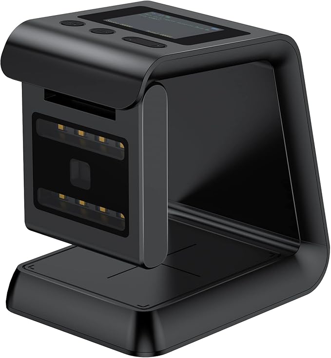 Alacrity 2D QR Wireless Barcode Scanner Hands-Free Omnidirectional Desktop Bar Code Scanner with Screen Display Compatible with Bluetooth & 2.4GHz Wireless for Airport Supermarket