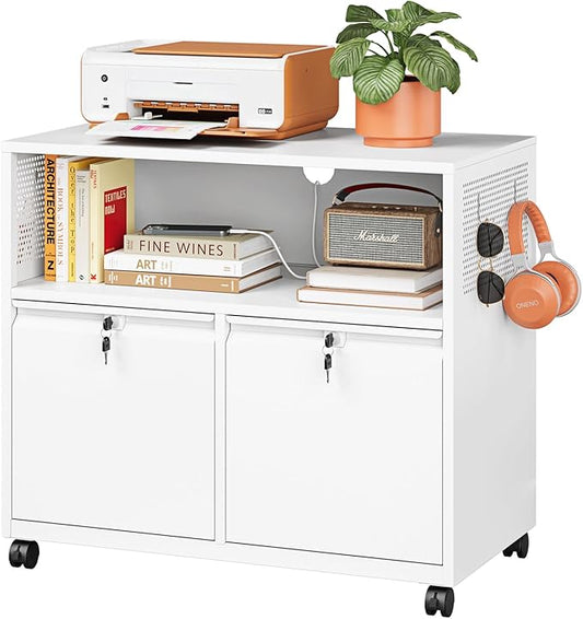 Metal File Cabinet,2 Drawer Lateral Filing Cabinet with Lock,Rolling Printer Stand Storage Cabinets with Shelves for Home Office Letter/Legal/A4 Size Files(White)
