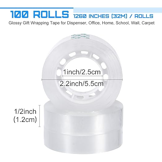 Jetec 100 Rolls Clear Tape Bulk Transparent Invisible Tape Refills 1/2 x 1260 Inches Glossy for Gift Wrapping Dispenser Office School Home Use Gift Wrap Desk Supplies
