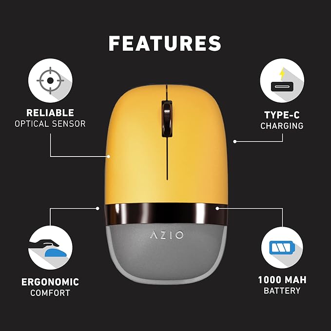 Azio IZO Wireless Optical Mouse - Bluetooth 3.0 & 5.0/2.4G RF-USB, Ambidextrous Design, PixArt PAW3212 Sensor, 1000/1600/2400 DPI, Rechargeable, PC & Mac