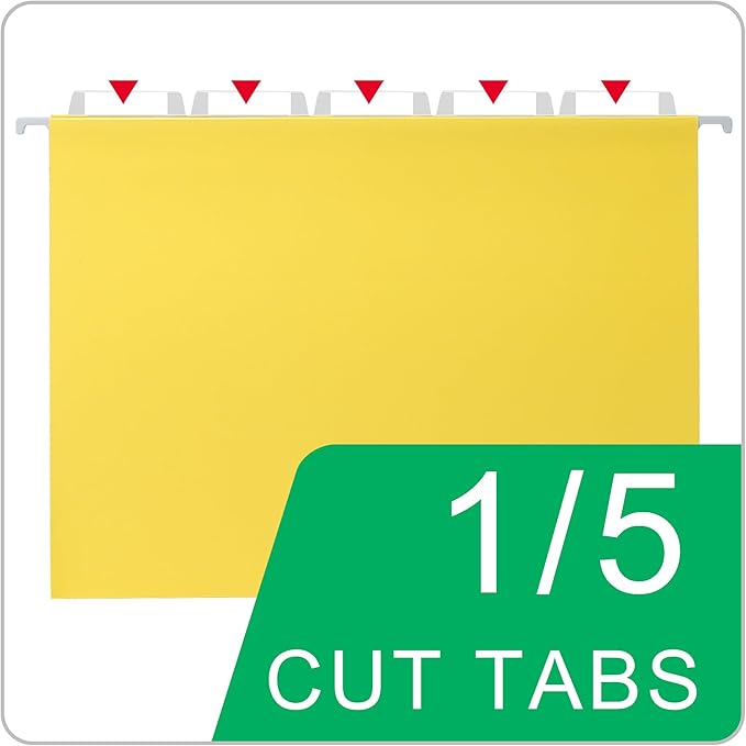50 Packs Hanging File Folders,Yellow Letter Size File Folder,Designed for Bulky Files,Filing Cabinet,1/5 Adjustable Tabs for Office,School,Home