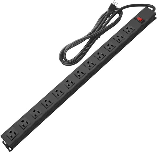 Metal Wall Mount Power Strip, Mountable Power Outlet with 12 AC Outlets, Aluminum Alloy Mount Power Socket with Switch, 3 FT SJT 3/C 14AWG Power Cord, 15A 125V 1875W (12AC)