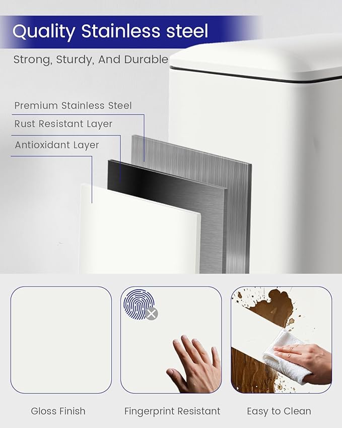 Kitchen Rubbish Bin, 45 Litre Waste Bin, Large Pedal Bin, Kitchen Rubbish Bin with Softclose Lid and Inner Bin, Slim Pedal Bin for Kitchen, Bathroom and Office, White