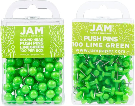 JAM PAPER Colorful Push Pins - Flat & Round Head Thumb Tack Combo Set - Lime Green Pushpins - 200/Pack