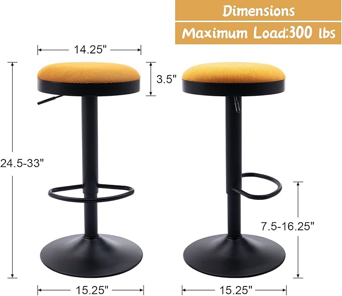 Round Swivel Counter Height Bar Stools Set of 1 Modern Adjustable Barstools Backless Corduroy Bar Chairs Industrial Island Chairs with Metal Base/Footrest for Kitchen Island/Pub, Yellow