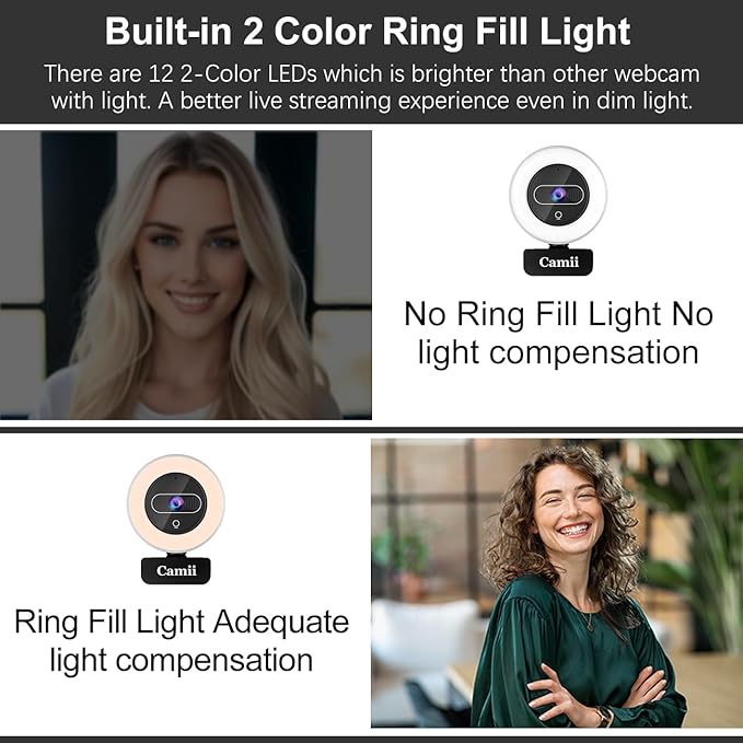 4K Webcam with Light, HD Webcam for PC with Remote Control, Built-in Privacy Cover, Adjustable Brightness, Noise Reduction Mics, for Zoom Skype Teams Laptop and Google Meet