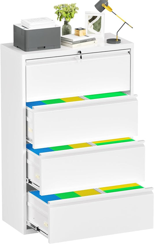 Crownland Lateral File Cabinet with 4 Drawers, 36" W Metal Lockable Office File Cabinets for Home Office- Stores Letter/Legal/A4/F4 Files(White)