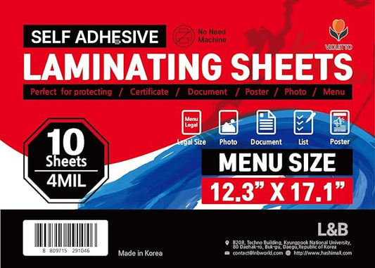 Self Adhesive Laminating Sheets 12.3x17.1 inches, 10 Pack, 4mil Thickness, No Heat or Machine Needed, Waterproof, Self Sealing, Easy Peel and Stick, Heavy Duty Clear Glossy Finish, by VIOLETTO