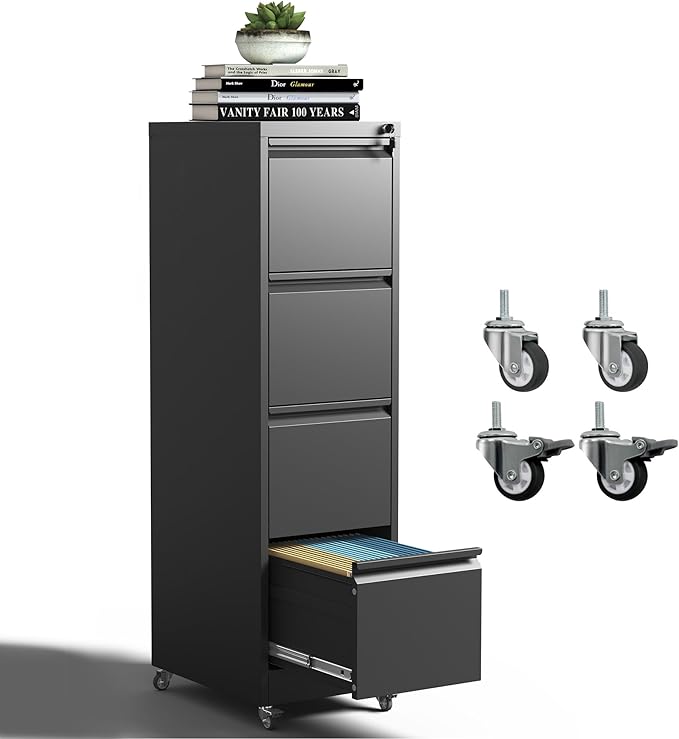 4 Drawer Mobile File Cabinet, Metal Filing Cabinet with Lock and Wheels, Home Office Rolling File Cabinets for Legal/Letter Hanging File Folders, Un-Assembled (Black)