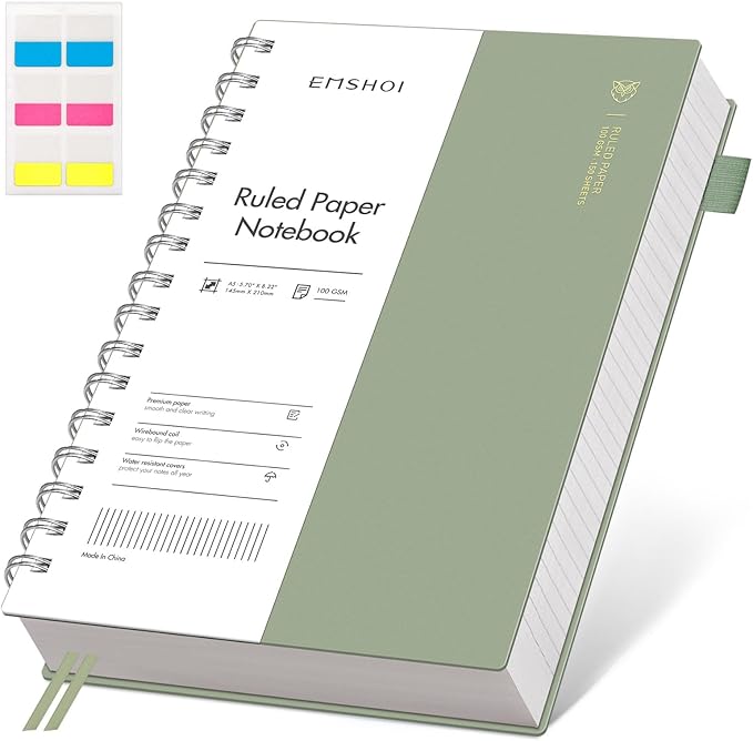 EMSHOI Lined Spiral Journal Notebook, A5 College Ruled Notebook, 300 Pages/150 Sheets, 100gsm Acid-Free Paper, Waterproof Softcover Notebook for School, Work, Note Taking, 5.7" × 8.22" - Light Green