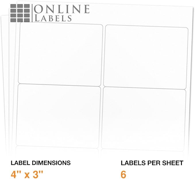 4 x 3 Rectangle Mailing Labels - Permanent, White Matte - Shipping, Wine, Product - Pack of 1,500-250 Sheets - Inkjet/Laser Printers - Online Labels