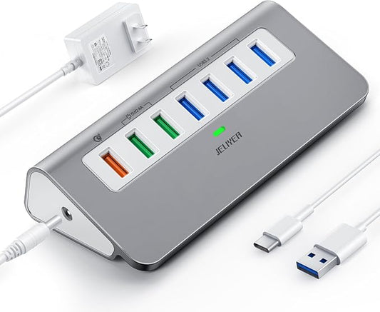 Powered USB-C 7-Port Hub, USB 3.2 Gen 2 Adapter - 4x 10Gbps Data, 3x 3.3ft Charging Ports, 30W Power Adapter for Laptop, PC, MacBook