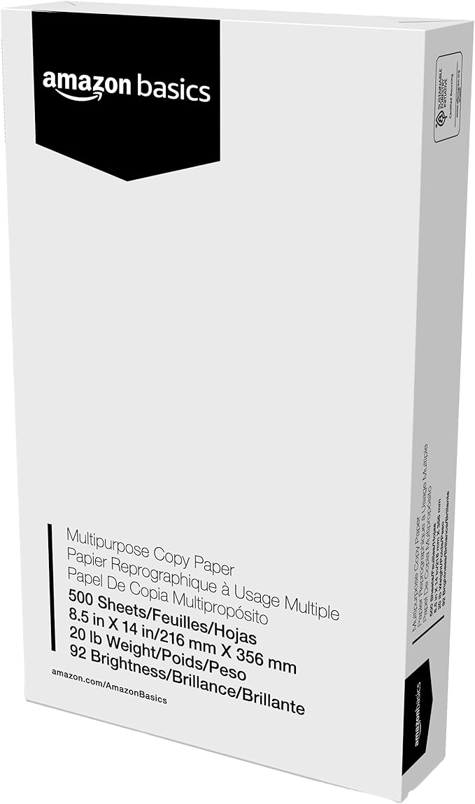 Amazon Basics Multipurpose Copy Printer Paper, 20 lb, 8.5 x 14 Inches, 10 Reams (5,000 Sheets), 92 Bright, White