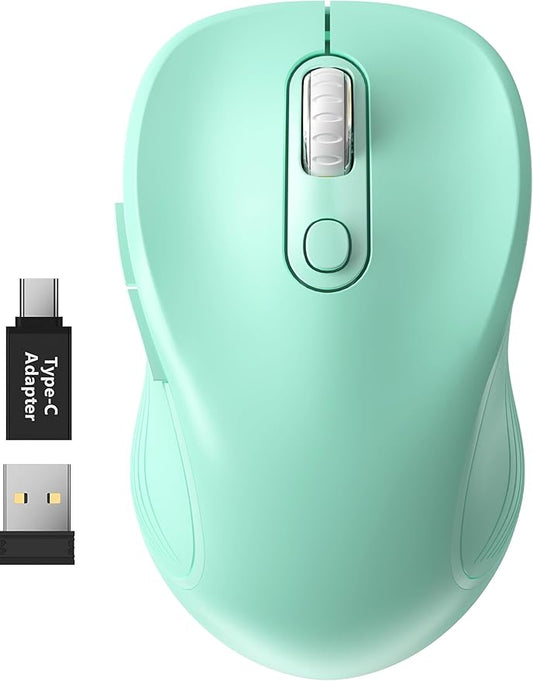 WisFox 2.4G Wireless Mouse for Laptop, Ergonomic Computer Mouse with USB Receiver and Type-C Adapter, 3 Adjustable Levels DPI, 6 Button Cordless Wireless Mice (Mint Green, 1 Pack)