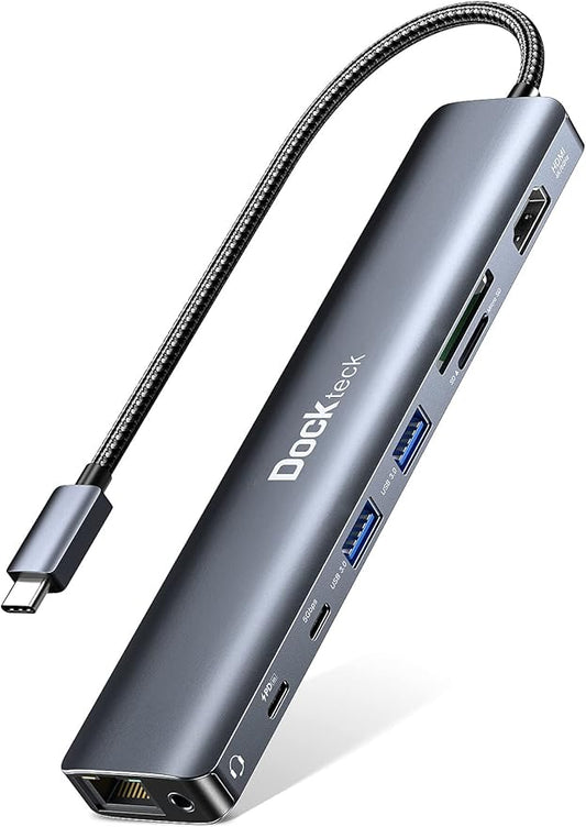 Dockteck 9-in-1 USB-C Hub: HDMI 4K@60Hz, Ethernet, 100W PD, Audio, 2x USB-A 5 Gbps, SD/TF Card Reader for MacBook, iPad, XPS, Microsoft