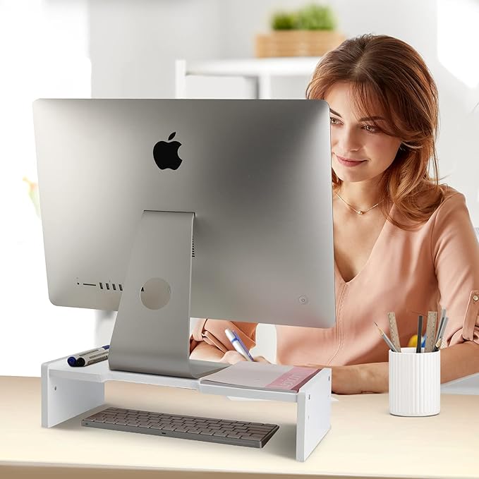 KINLINK Solid Wood Monitor Stand Riser, Monitor Riser with 2 Adjustable Height, 15.8 inch Computer Riser for Computer, iMac, PC, Printer, Computer Monitor Stand for Home & Office, White