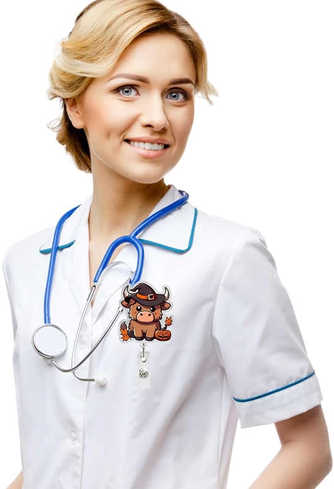 Halloween Cow Badge Reel Retractable Acrylic ID Clip with Swivel Alligator Clip Cartoon Highland Cow ID Tag Card Holder Clip for Nursing Student, Doctor Medical Worker Alligator Badge Accessories
