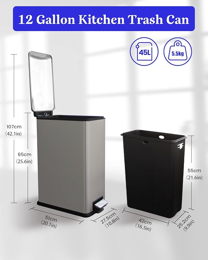 12 Gallon Slim Kitchen Trash Can, Stainless Steel Trash Can with Removal Inner Bucket and Soft-Close Lid, Pedal Garbage Can 45 Liter, Grey