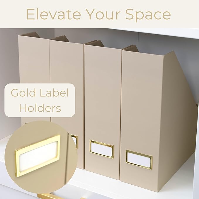BLU MONACO Set of 6 Foldable Magazine File Holders in Taupe – Sturdy Cardboard Vertical Organizers with Label Holders – Office File Storage Box, Desk Organizer, Paperwork and Document Holder