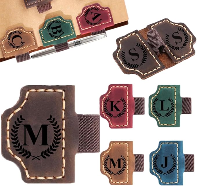 Custom Bookmark with Pen Holder with 26 Letters Personalized Magnetic Leather Book Mark, Customized Name Book Marker Clip with Initial for Men Women, Gifts for Book Lovers, Readers, (Coffee, M)