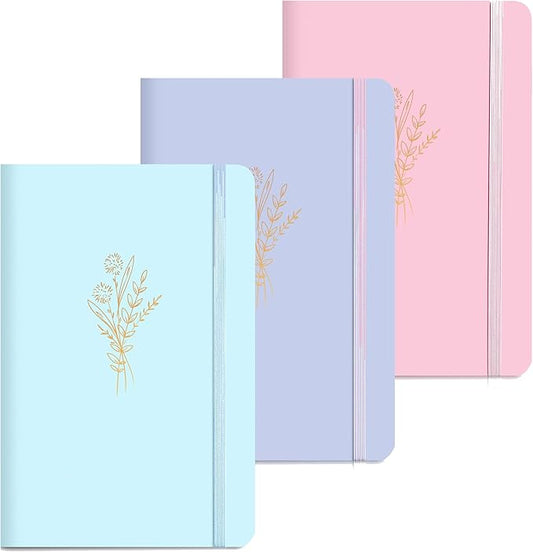 MINICAGIE 3 Pack Lined Journal Notebook for Women Cute Leather Journals for Writing Aesthetic Floral Diary 192 Pages A5 Hardcover Journaling Notebooks with Pen Loop, Blue, Pink, Purple
