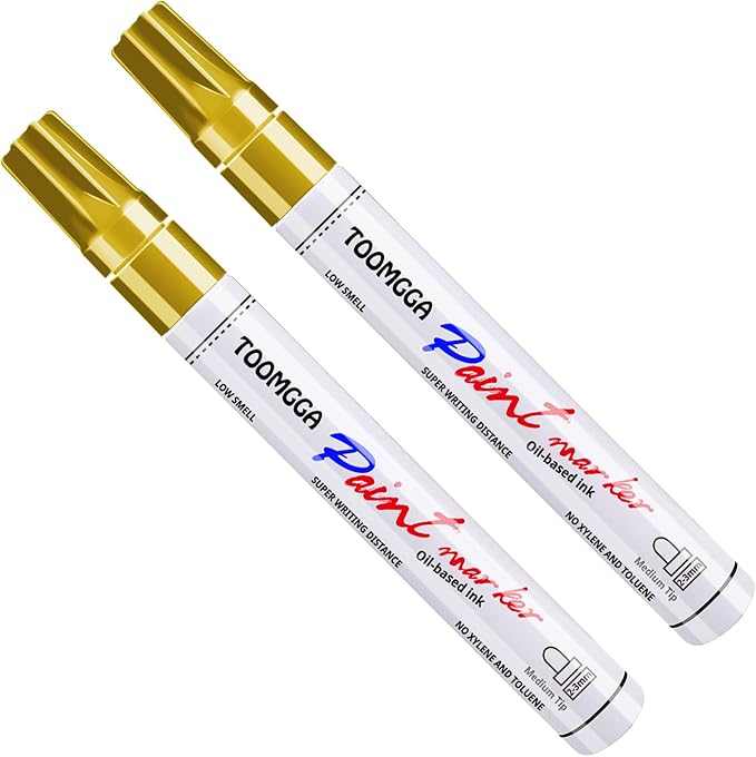 Gold Paint Pens Permanent Paint Markers 2 Pack Oil Based Markers, Quick Drying and Waterproof Marker Pen, Car Tire, Metal, Rock Painting, Wood, Ceramic, Plastic, Canvas, Mugs, Medium Tip
