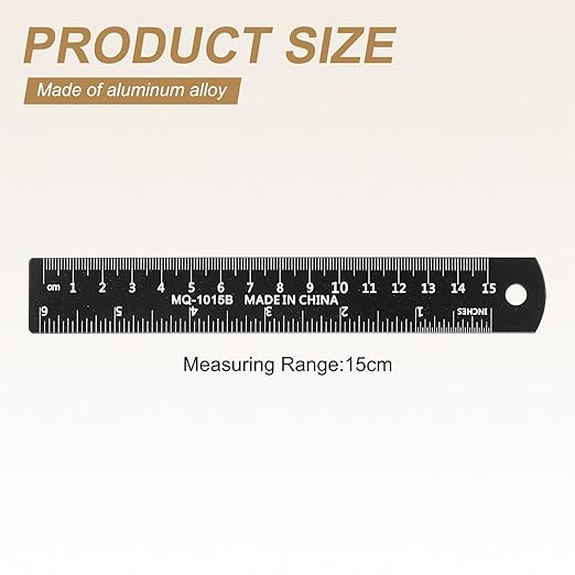 HARFINGTON 4pcs Metal Straight Ruler 15cm Metric SAE Aluminum Alloy Measuring Rulers Scale Tool with Hole for Measure Study Reading Classroom Office, Black