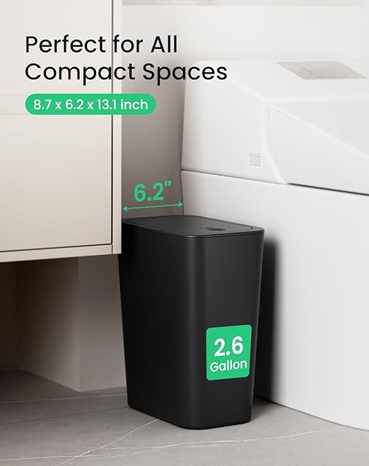 Cesun Bathroom Trash Can with Lid, 2.6 Gallon Small Black Garbage Can, Press Top Lid Trash Bin, Dog Proof Trash Cans Plastic Waste Basket for Bedroom Toilet Office