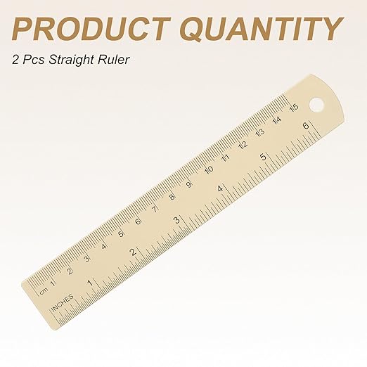 HARFINGTON 2pcs Metal Straight Ruler 15cm Metric SAE Aluminum Alloy Measuring Rulers Scale Tool with Hole for Measure Study Reading Classroom Office, Beige