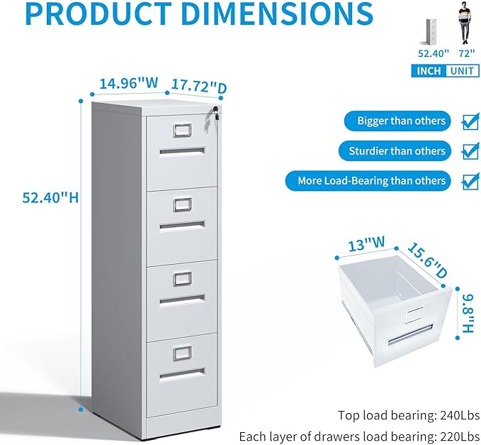 4 Drawer File Cabinet with Lock, Metal Vertical Filing Storage Cabinet for Home Office, Steel Vertical File Cabinets for A4 Legal/Letter Folders,Silent Sliding Drawers, Assembly Required (White)