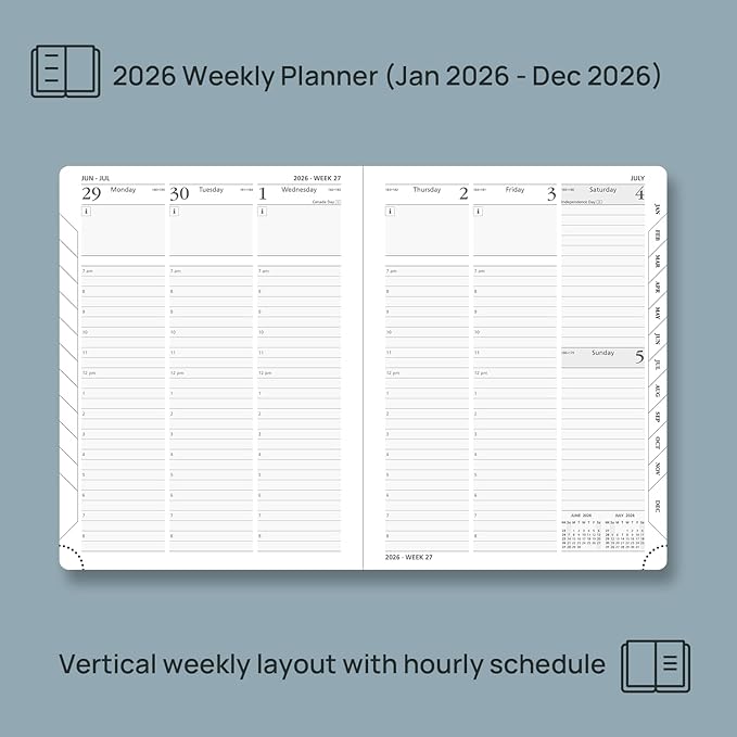 POPRUN 2026 Planner (Medium - 6.5'' x 8.5'') - 2026 Weekly Calendar ((Jan. 2026 - Dec. 2026) with Hourly Time Slots, Weekly/Monthly Appointment Book for Time Management - Leather Soft Cover - Burgundy Red