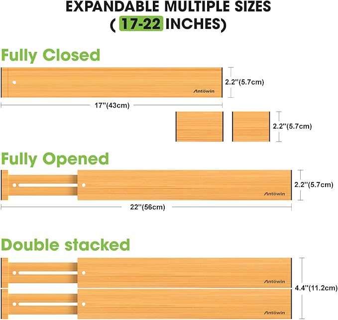 ANTOWIN Bamboo Drawer Dividers, Expandable Drawer Separators Splitter, 17-22 inches Adjustable Spring-loaded Organizer for Large Utensil, Clothes, Tools Drawers, 6 Pack Dividers + 4 Pack Baffle