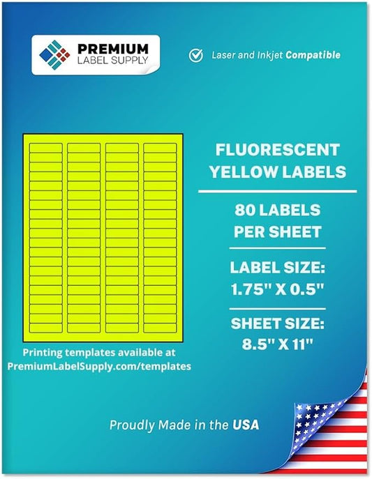 Premium Label Supply Bright Neon Color Fluorescent Sticker Labels - 1.75" x 0.5" Return Address Labels - (Fluorescent Yellow, 40,000 Labels)