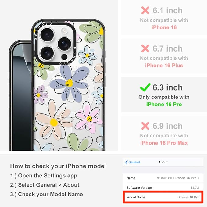 MOSNOVO Magnetic Case for iPhone 16 Pro, 10ft Military-Grade Protection, Compatible with Magsafe, Shockproof Phone Case for iPhone 16 Pro - Linear Blooms - Clear Black