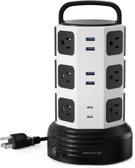 Power Strip Tower Surge Protector, JACKYLED 12 Outlets 6 USB (2 USB C) Charging Station, Extension Cord with Multiple Outlets, 1050J 1625W/13A Outlet Extender 6.5ft Extension Cord for Home Office