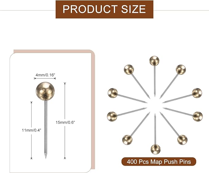 uxcell 800 Pcs Push Pins, Map Thumb Tacks 4mm Round Head Decorative Push Pins for Bulletin Board Home Office Travel Wall DIY Crafts Map Photo, Golden
