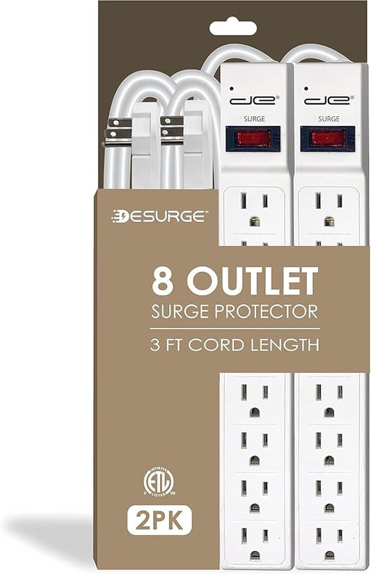 Digital Energy 8 Outlet Surge Protector - 15 AMP, 1875 W, 125 V, 350 J Surge Protection, ETL Listed - Flat Plug (White, 3 FT (Pack of 2))