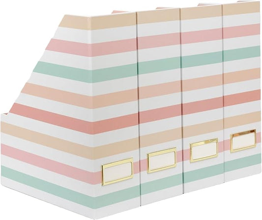 BLU MONACO Set of 4 Foldable Magazine Holders in Pastel Stripes – Sturdy Cardboard Vertical Organizers with Label Holders – Office File Storage Box, Desk Organizer, Paperwork and Document Holder