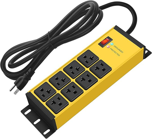 CCCEI Yellow Heavy Duty Power Strip Surge Protector 20 AMP, 8 Outlets 12 Gauge Industrial Shop Garage Metal Multiple Outlets, 4 FT Extension Cord 5-15P Adapter High Amp 6-20R T-Slot 20a for Appliance