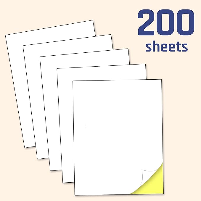 200 Sheets, Printable White Sticker Paper, Laser/Inkjet Printing - Matte, Letter Size (8.5" x 11")
