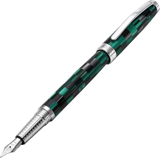 Xezo Urbanite II Fountain Pen, Fine Nib. Ocean Teal and Black Color with Chrome Plating. Handcrafted, Limited Edition, Serialized