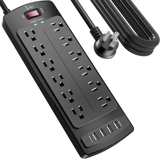 Power Strip, Tcstei Surge Protector with 12 Outlets and 4 USB Ports, 15 Feet Extension Cord (1875W/15A) for Home, Office, Dorm Essentials, 2700 Joules, ETL Listed, Black