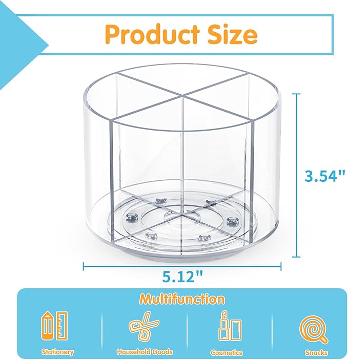 Acrylic Pen Holder, 360 Degree Marker Organizer for Desk, Rotating Desk Storage With 4 Compartments, Art Supply Crayon Holder for Office School Home, Clear