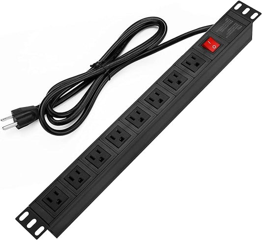 BTU Power Strip Surge Protector Rack-Mount PDU, 8 Right Angle Outlets Wide-Spaced, Mountable Power Strip Heavy Duty for Server Racks, Commercial, 300J (Black 10FT)